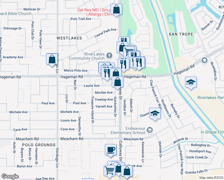 map of restaurants, bars, coffee shops, grocery stores, and more near 4016 Quicksilver Drive in Bakersfield