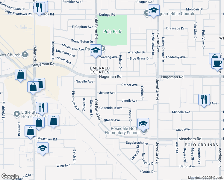 map of restaurants, bars, coffee shops, grocery stores, and more near 11907 Cotner Avenue in Bakersfield