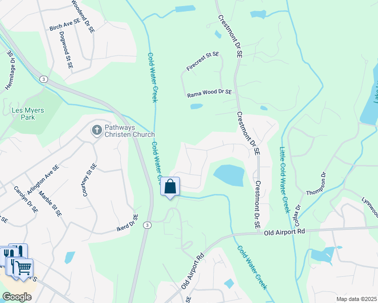map of restaurants, bars, coffee shops, grocery stores, and more near 1203 Tangle Ridge Drive Southeast in Concord