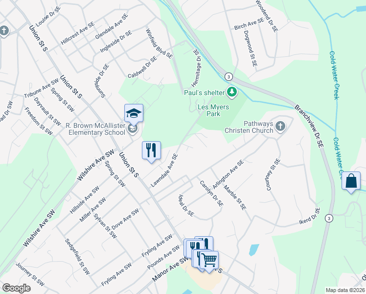 map of restaurants, bars, coffee shops, grocery stores, and more near 104 Lawndale Place Southeast in Concord