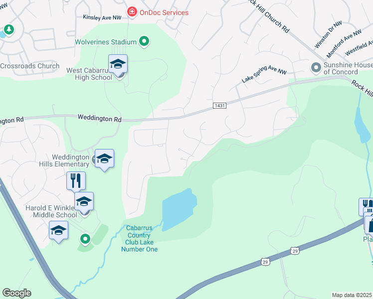 map of restaurants, bars, coffee shops, grocery stores, and more near 1171 Asheford Green Avenue Northwest in Concord