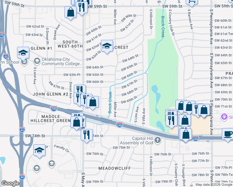 map of restaurants, bars, coffee shops, grocery stores, and more near 6713 Miller Avenue in Oklahoma City