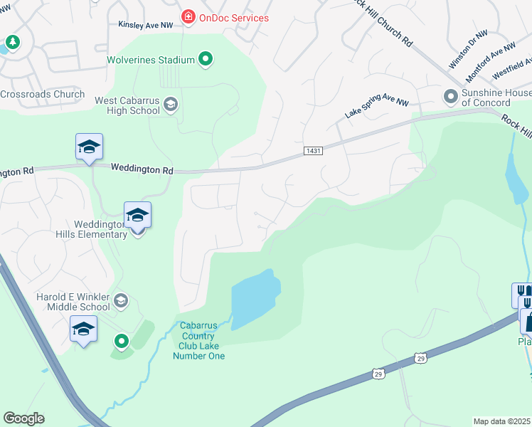 map of restaurants, bars, coffee shops, grocery stores, and more near 1171 Asheford Green Avenue Northwest in Concord