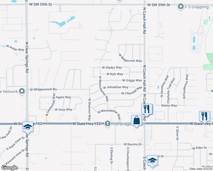 map of restaurants, bars, coffee shops, grocery stores, and more near 1114 West Griggs Way in Mustang