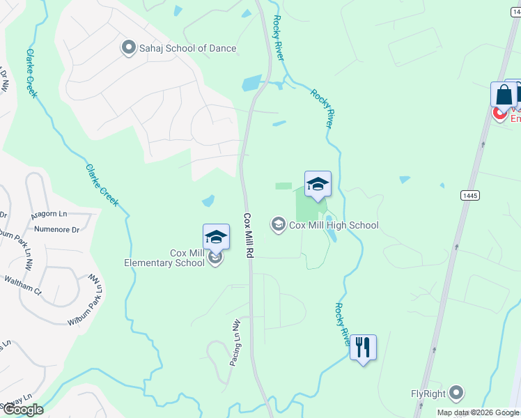 map of restaurants, bars, coffee shops, grocery stores, and more near 1221 Cox Mill Road in Concord
