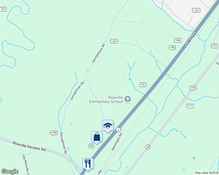 map of restaurants, bars, coffee shops, grocery stores, and more near 172 County Road 101 in Riceville