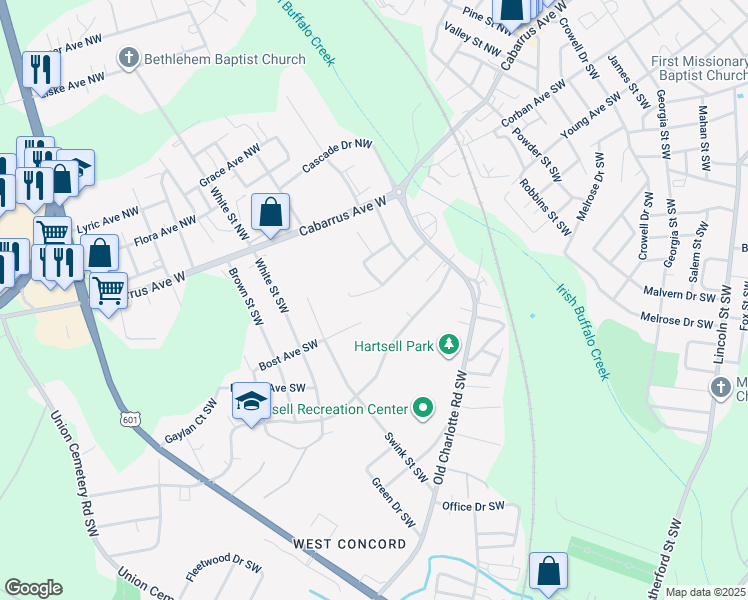 map of restaurants, bars, coffee shops, grocery stores, and more near 30 Meadowview Avenue Southwest in Concord