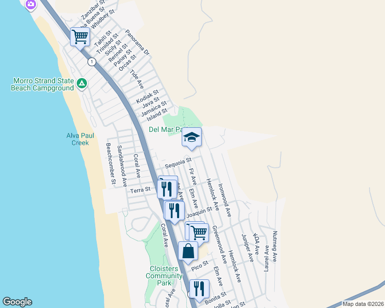 map of restaurants, bars, coffee shops, grocery stores, and more near 501 Sequoia Street in Morro Bay
