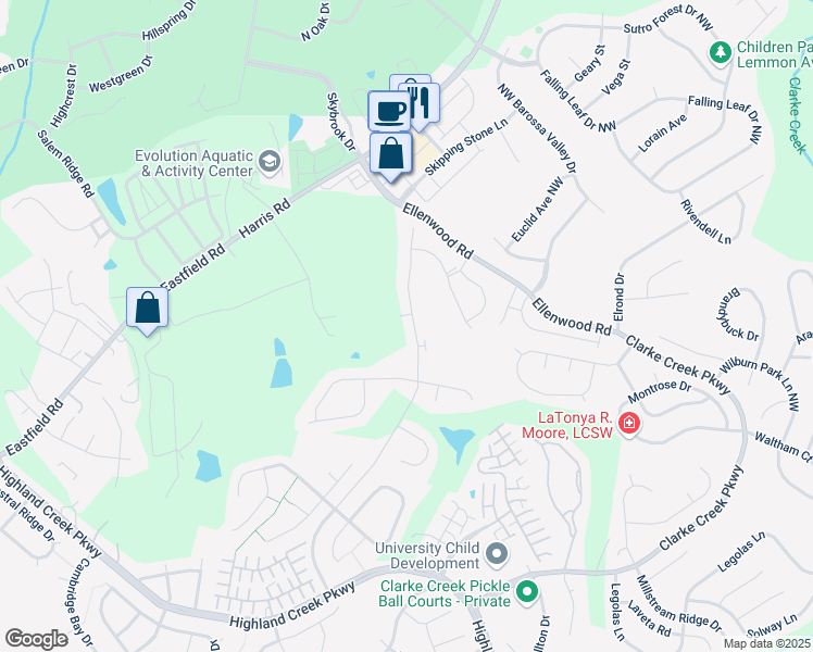 map of restaurants, bars, coffee shops, grocery stores, and more near 6610 Wildbrook Drive in Huntersville