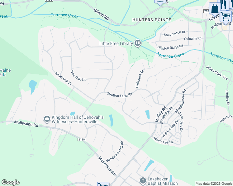 map of restaurants, bars, coffee shops, grocery stores, and more near 9024 Willow Trace Court in Huntersville