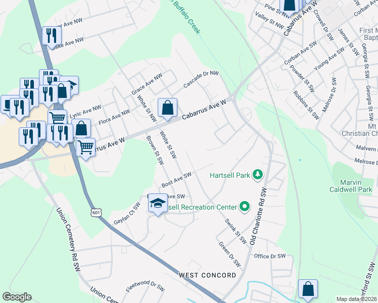 map of restaurants, bars, coffee shops, grocery stores, and more near 41 Meadowview Avenue Southwest in Concord