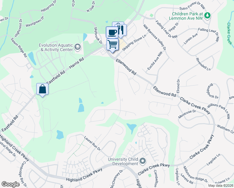 map of restaurants, bars, coffee shops, grocery stores, and more near 6610 Wildbrook Drive in Huntersville