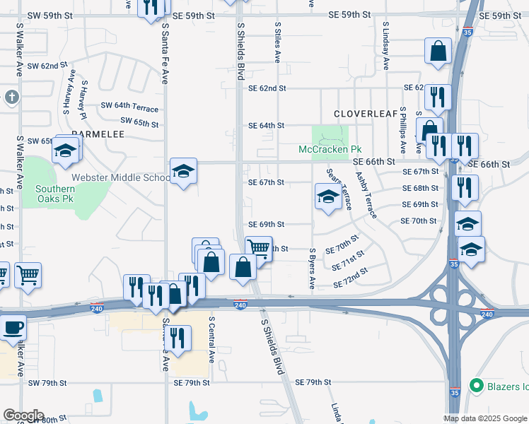 map of restaurants, bars, coffee shops, grocery stores, and more near 240 Southeast 67th Street in Oklahoma City