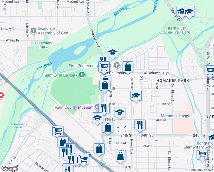 map of restaurants, bars, coffee shops, grocery stores, and more near 4040 Chester Avenue in Bakersfield