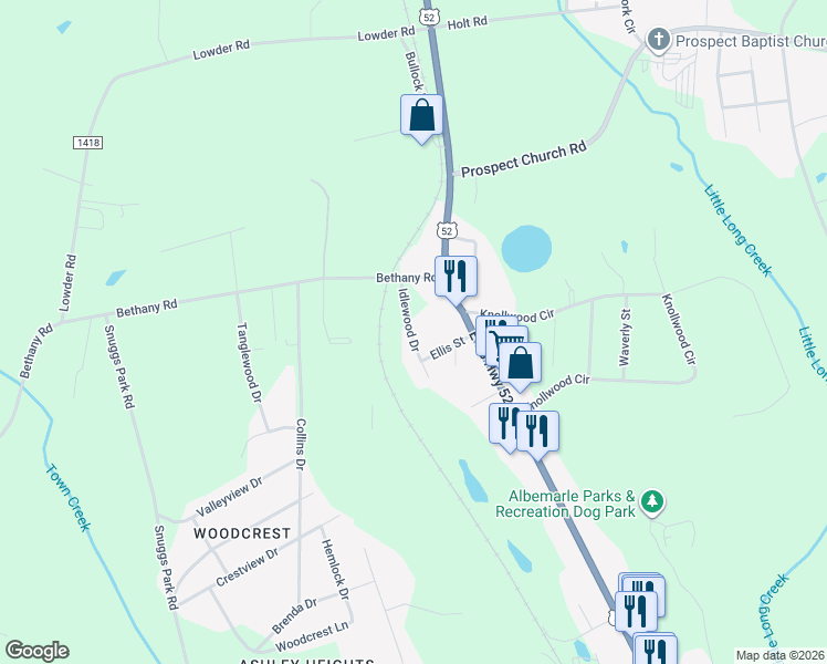 map of restaurants, bars, coffee shops, grocery stores, and more near 2416 Idlewood Drive in Albemarle