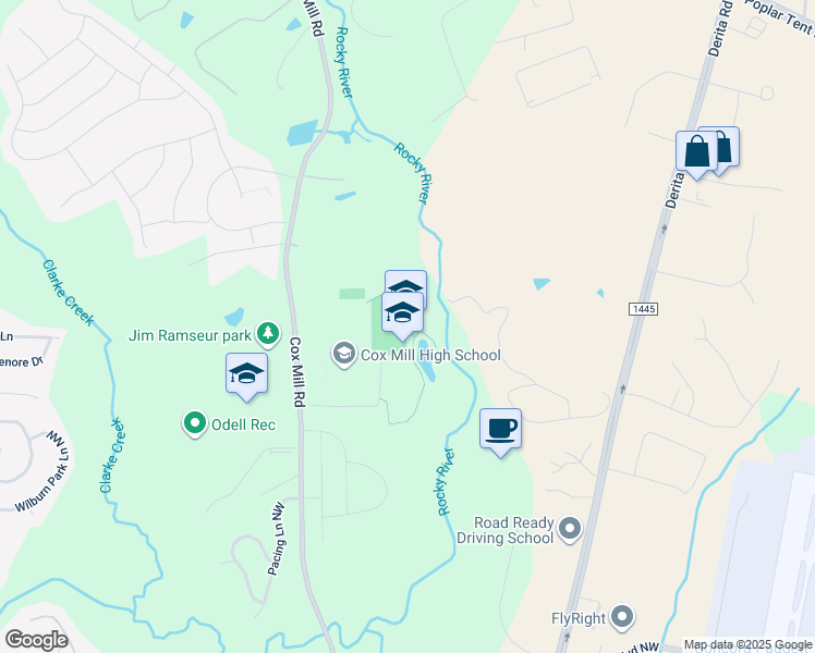 map of restaurants, bars, coffee shops, grocery stores, and more near 1355 Cox Mill Road in Concord