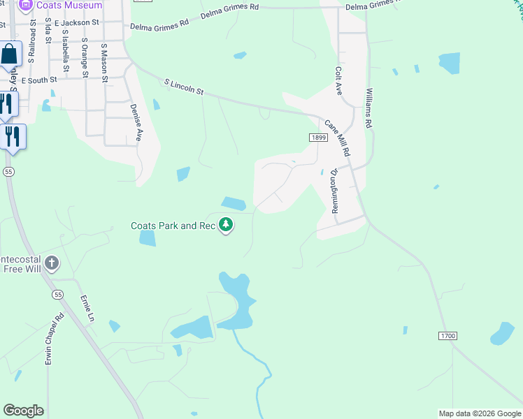 map of restaurants, bars, coffee shops, grocery stores, and more near 398 Park Lane in Coats