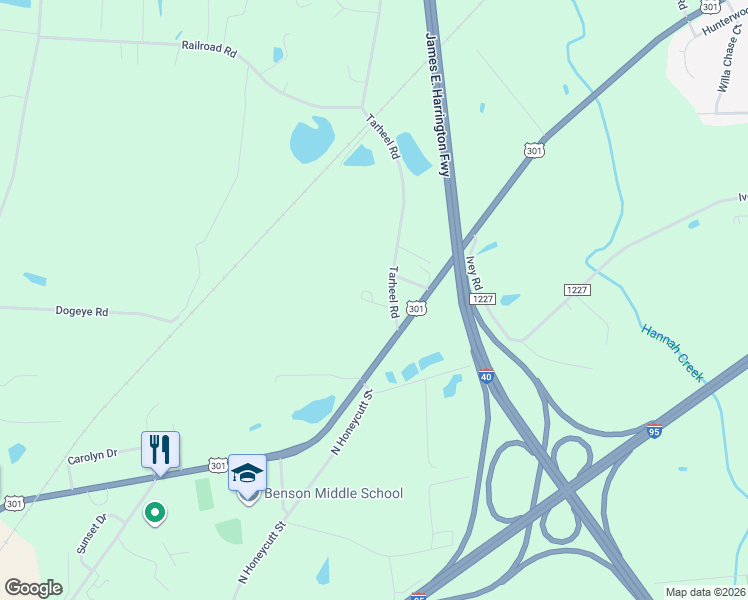 map of restaurants, bars, coffee shops, grocery stores, and more near 65 Tarheel Road in Benson