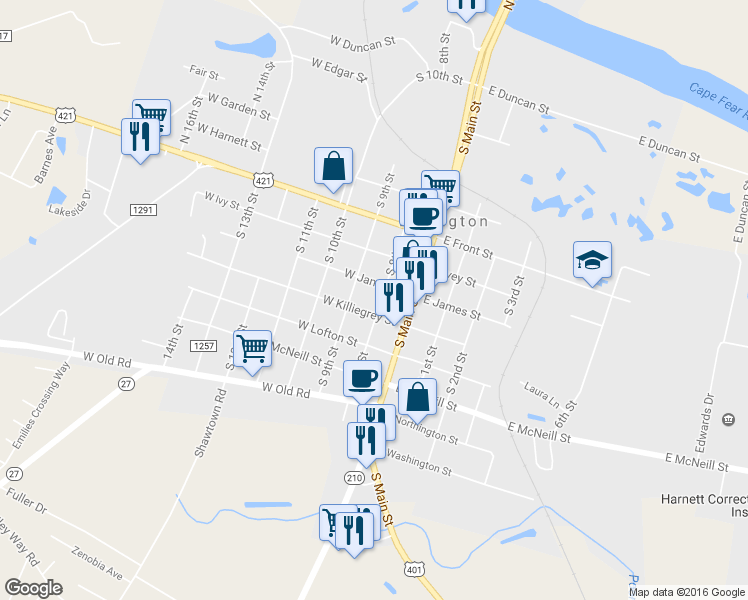 map of restaurants, bars, coffee shops, grocery stores, and more near 1006 South 8th Street in Lillington