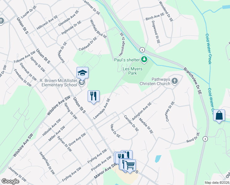 map of restaurants, bars, coffee shops, grocery stores, and more near 104 Lawndale Place Southeast in Concord