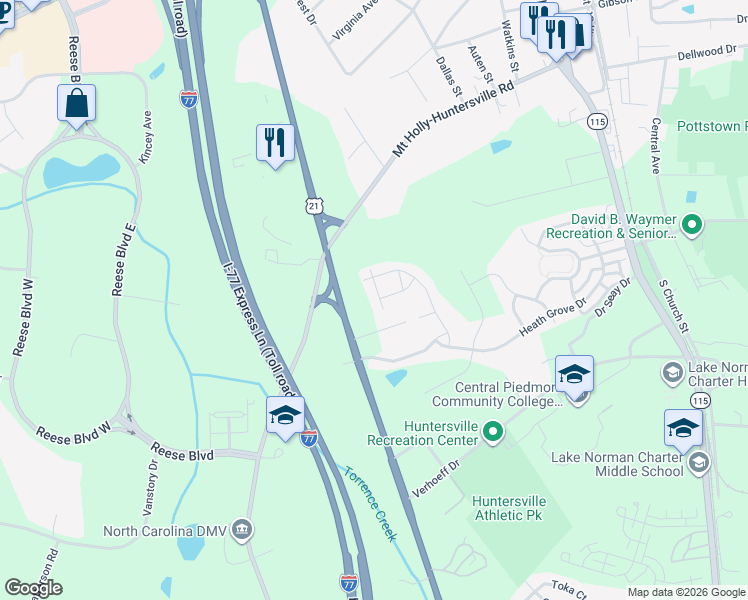 map of restaurants, bars, coffee shops, grocery stores, and more near 19017 Sweet Crabapple Lane in Huntersville