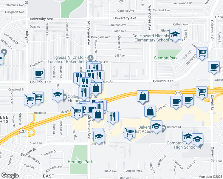 map of restaurants, bars, coffee shops, grocery stores, and more near 2601 Columbus Street in Bakersfield