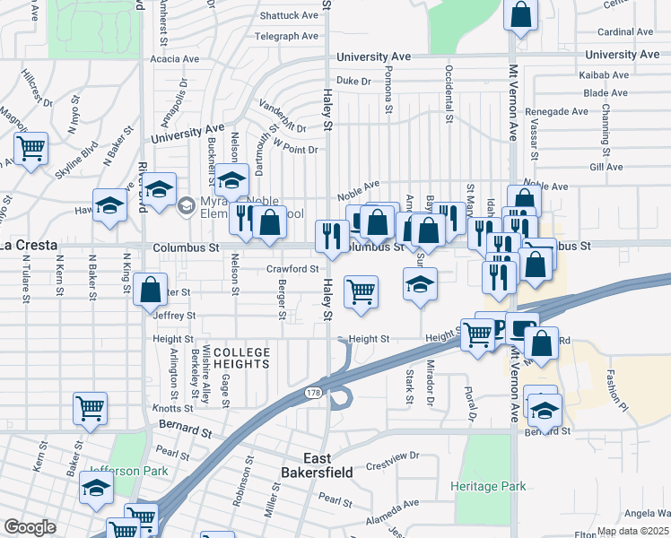 map of restaurants, bars, coffee shops, grocery stores, and more near 1407 Columbus Street in Bakersfield