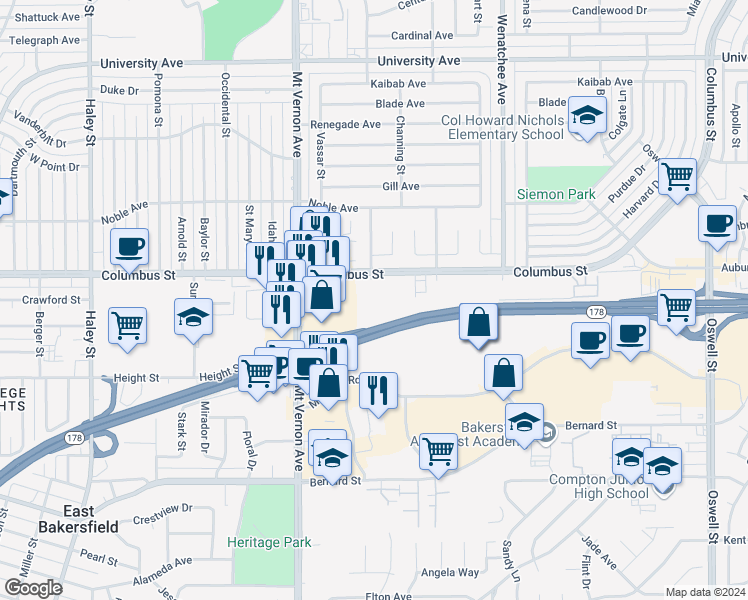 map of restaurants, bars, coffee shops, grocery stores, and more near 2601 Columbus Street in Bakersfield