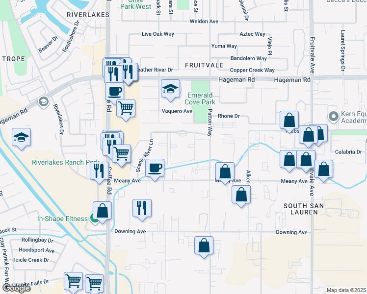 map of restaurants, bars, coffee shops, grocery stores, and more near 2 Scarlet River Drive in Bakersfield