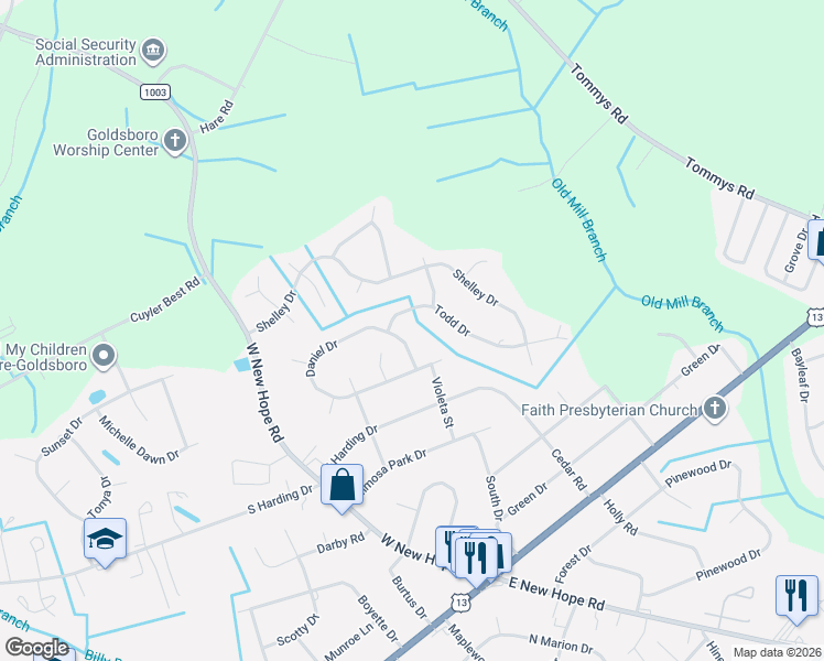 map of restaurants, bars, coffee shops, grocery stores, and more near 402 Todd Drive in Goldsboro