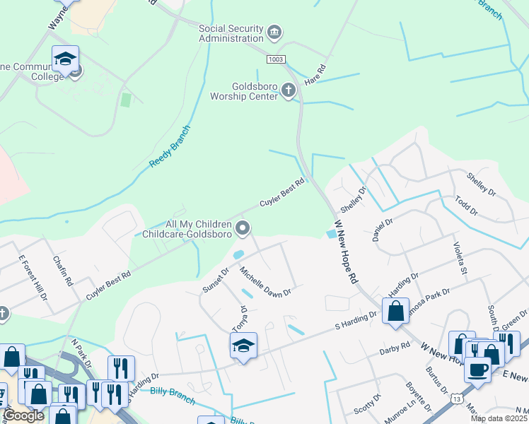 map of restaurants, bars, coffee shops, grocery stores, and more near 1764 Cuyler Best Road in Goldsboro