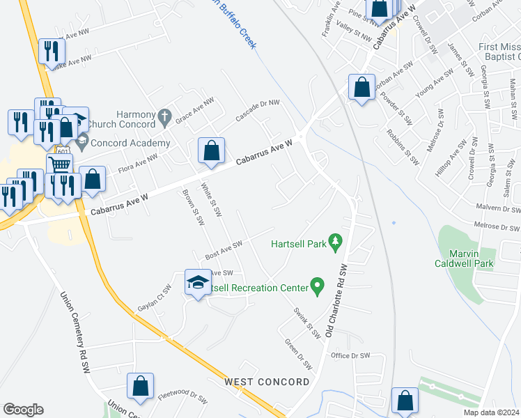 map of restaurants, bars, coffee shops, grocery stores, and more near 41 Meadowview Avenue Southwest in Concord