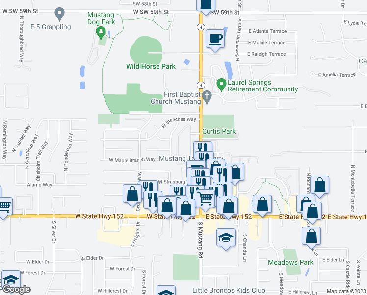 map of restaurants, bars, coffee shops, grocery stores, and more near 610 North Pine Branch Way in Mustang