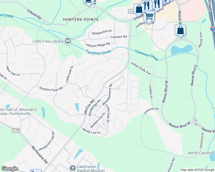 map of restaurants, bars, coffee shops, grocery stores, and more near 13341 Meadowmere Road in Huntersville