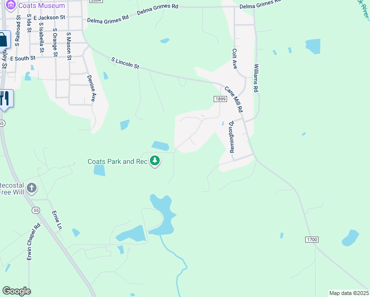 map of restaurants, bars, coffee shops, grocery stores, and more near 389 Park Lane in Coats