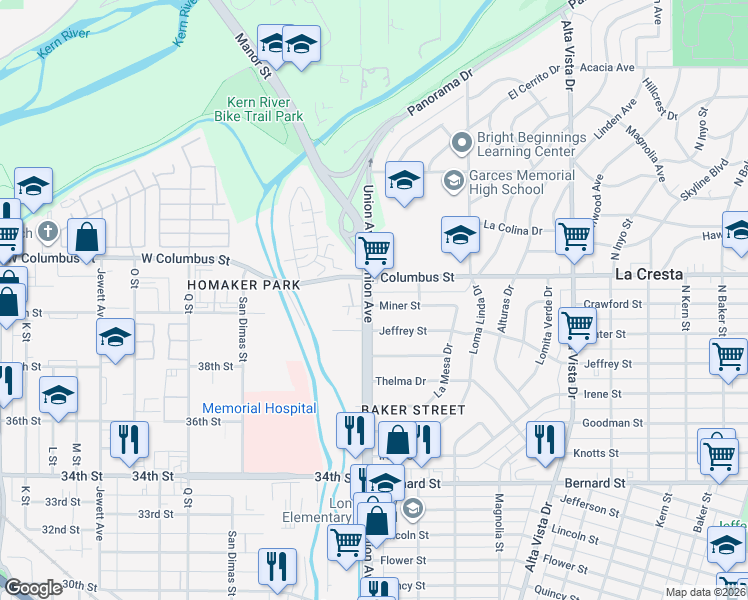 map of restaurants, bars, coffee shops, grocery stores, and more near 2 Miner Street in Bakersfield