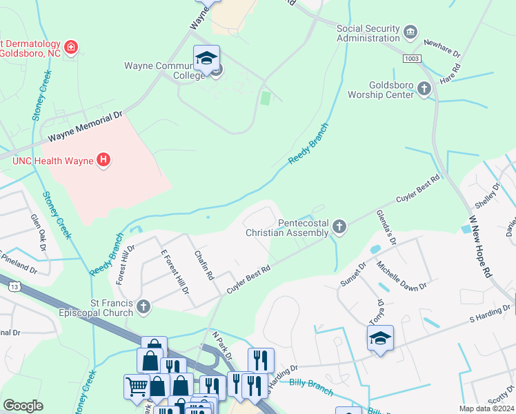 map of restaurants, bars, coffee shops, grocery stores, and more near 146 Oxford Drive in Goldsboro