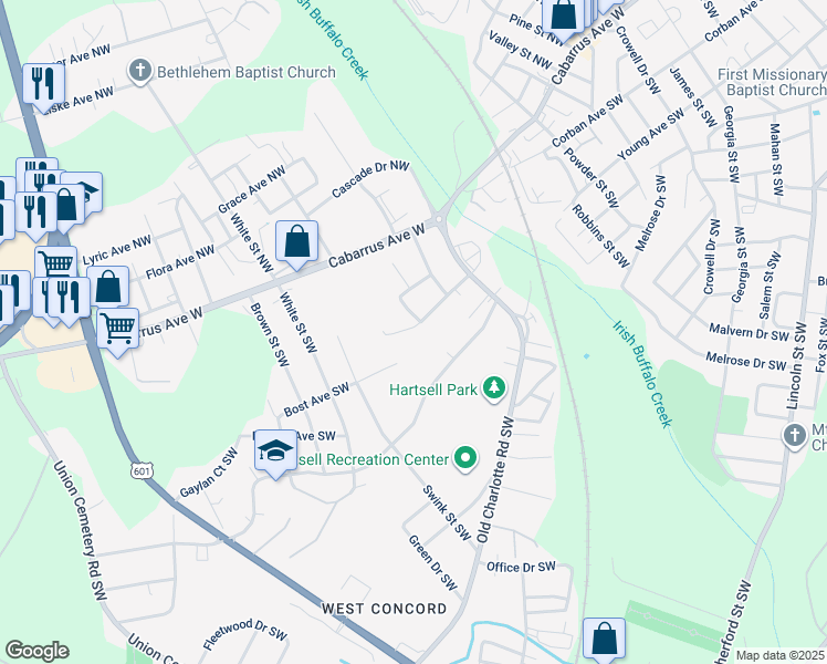 map of restaurants, bars, coffee shops, grocery stores, and more near 30 Meadowview Avenue Southwest in Concord