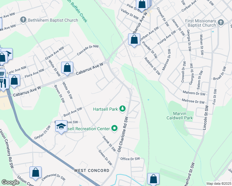 map of restaurants, bars, coffee shops, grocery stores, and more near 26 Sunderland Road Southwest in Concord