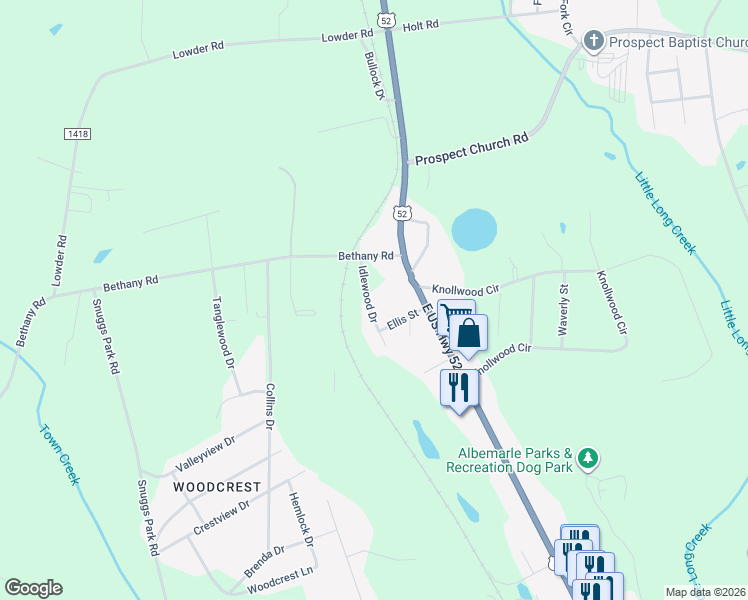 map of restaurants, bars, coffee shops, grocery stores, and more near 2416 Idlewood Dr in Albemarle