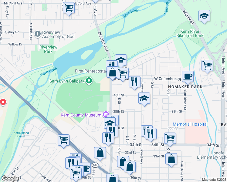 map of restaurants, bars, coffee shops, grocery stores, and more near 4040 Chester Avenue in Bakersfield