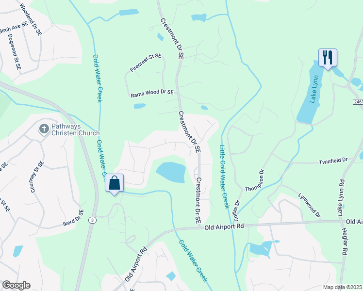 map of restaurants, bars, coffee shops, grocery stores, and more near 1120 Tangle Ridge Drive Southeast in Concord