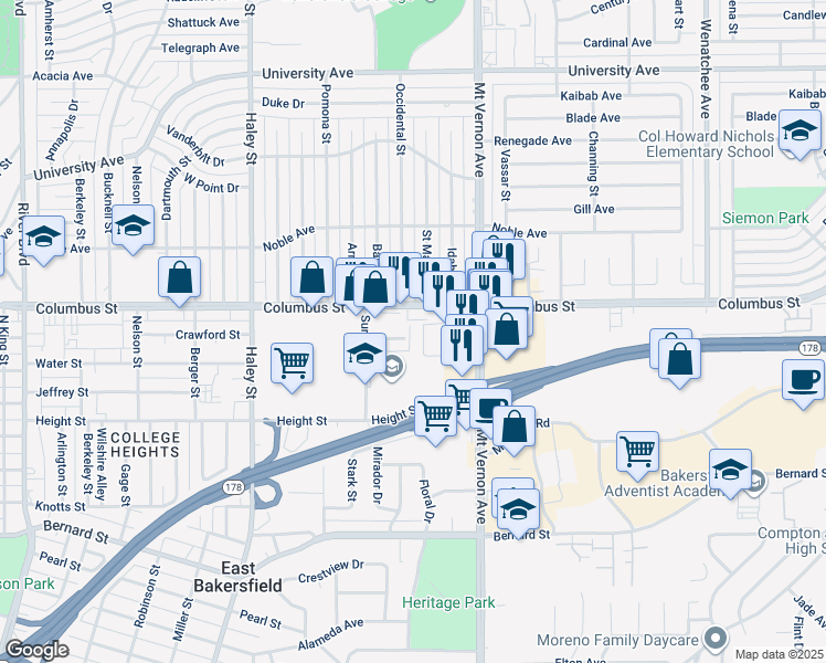 map of restaurants, bars, coffee shops, grocery stores, and more near 2101-2111 Columbus Street in Bakersfield