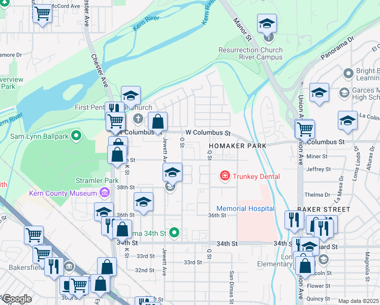 map of restaurants, bars, coffee shops, grocery stores, and more near 4042 O Street in Bakersfield