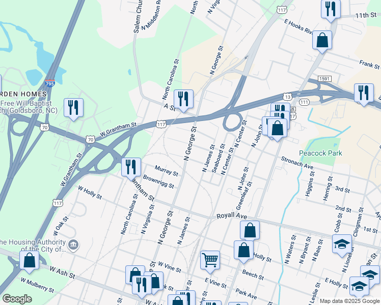 map of restaurants, bars, coffee shops, grocery stores, and more near 1104 North George Street in Goldsboro