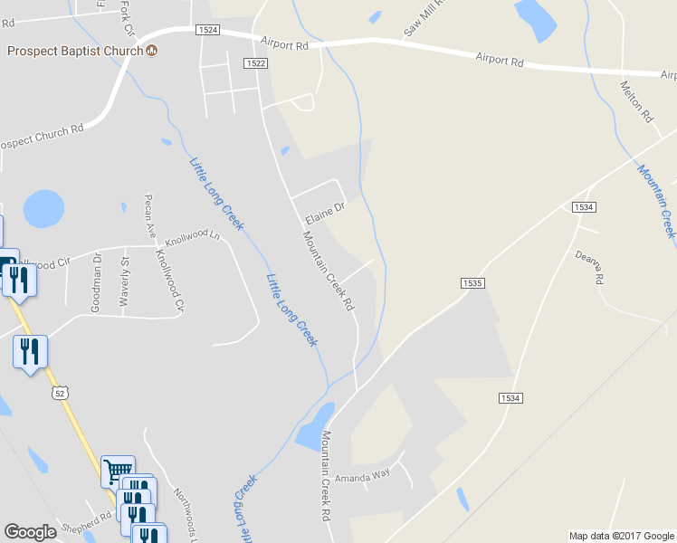map of restaurants, bars, coffee shops, grocery stores, and more near 1524 Mountain Creek Road in Albemarle
