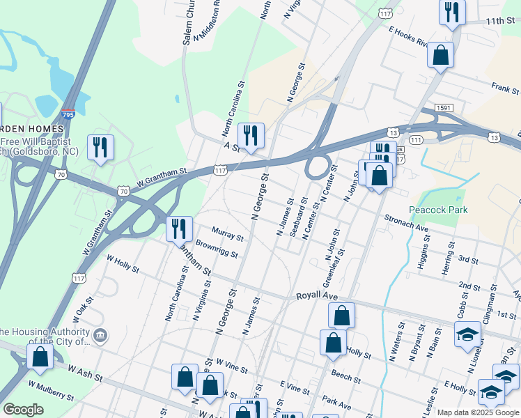 map of restaurants, bars, coffee shops, grocery stores, and more near 1104 North George Street in Goldsboro