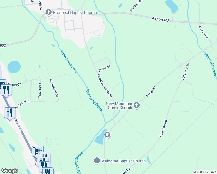 map of restaurants, bars, coffee shops, grocery stores, and more near 1524 Mountain Creek Road in Albemarle