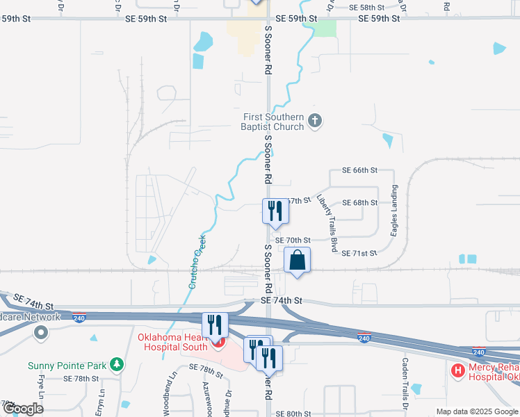 map of restaurants, bars, coffee shops, grocery stores, and more near 7001 South Sooner Road in Oklahoma City