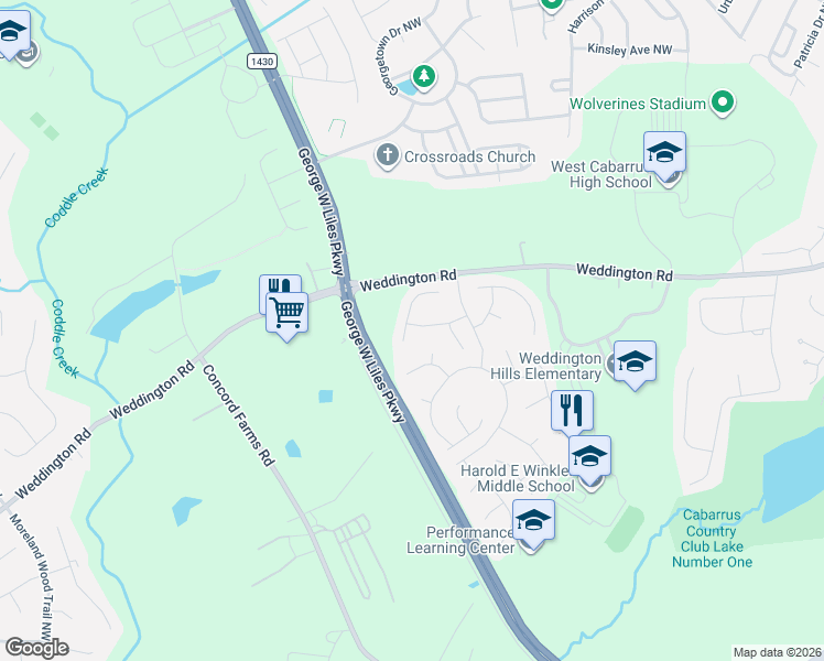 map of restaurants, bars, coffee shops, grocery stores, and more near 4583 Waterford Drive Northwest in Concord